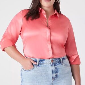 Lane Bryant coral pink collar button down satin shirt top 20